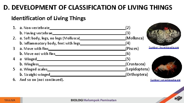 D. DEVELOPMENT OF CLASSIFICATION OF LIVING THINGS Identification of Living Things 1. a. Non-vertebrate