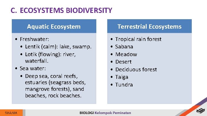 C. ECOSYSTEMS BIODIVERSITY Aquatic Ecosystem • Freshwater: • Lentik (calm): lake, swamp. • Lotik