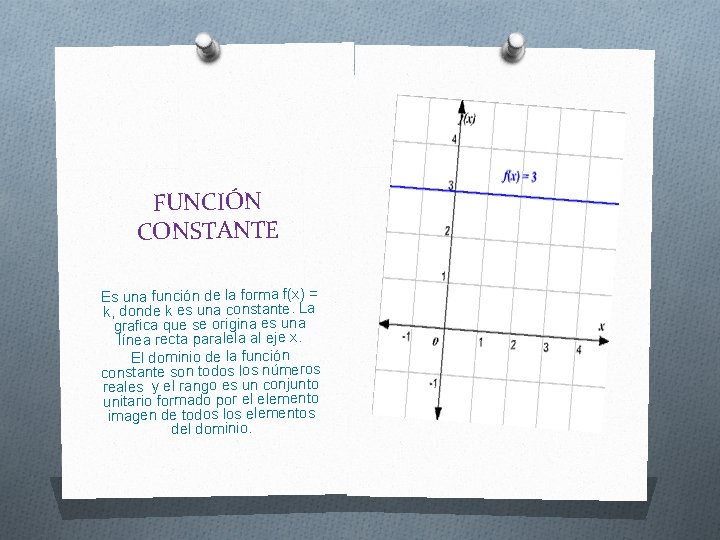 FUNCIÓN CONSTANTE Es una función de la forma f(x) = k, donde k es