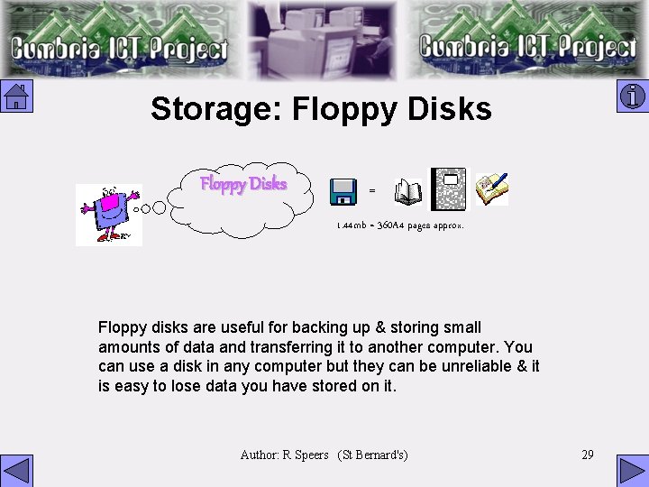 Storage: Floppy Disks = 1. 44 mb = 360 A 4 pages approx. Floppy