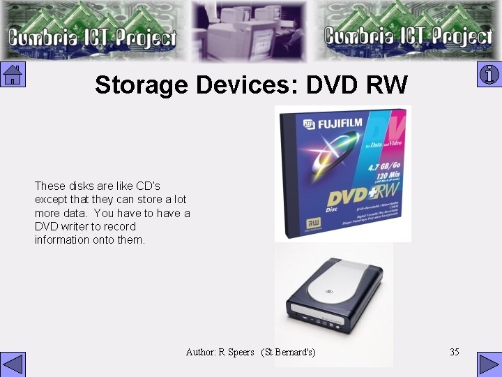 Storage Devices: DVD RW These disks are like CD’s except that they can store