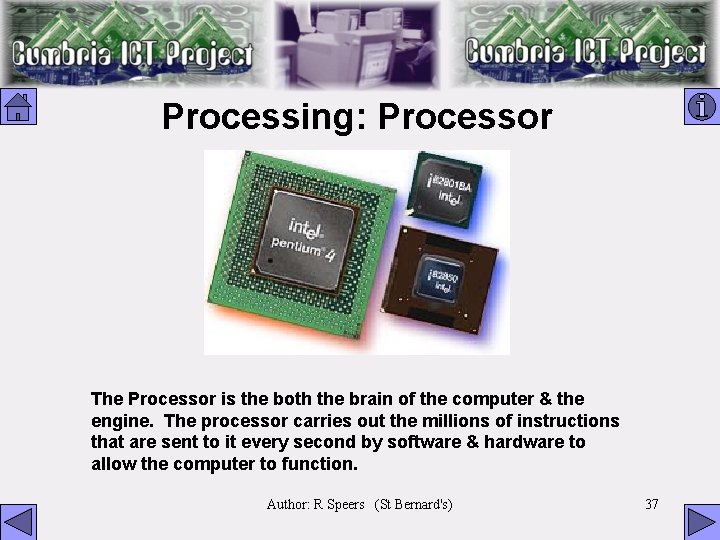 Processing: Processor The Processor is the both the brain of the computer & the