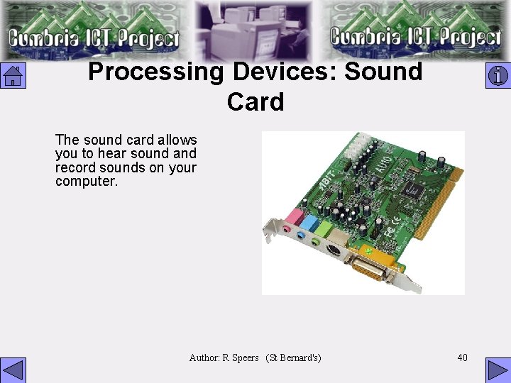 Processing Devices: Sound Card The sound card allows you to hear sound and record