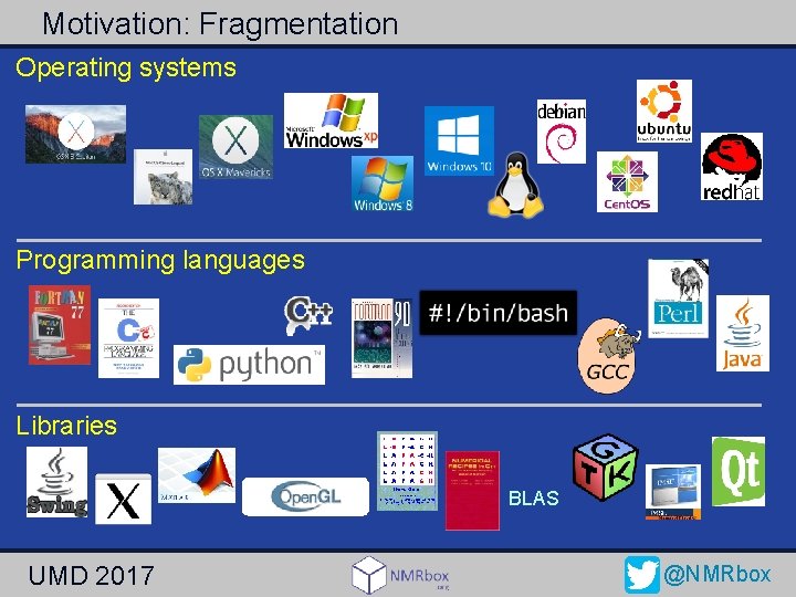 Motivation: Fragmentation Operating systems Programming languages Libraries BLAS UMD 2017 @NMRbox 