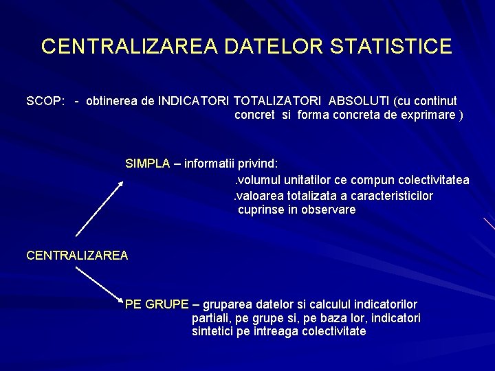 CENTRALIZAREA DATELOR STATISTICE SCOP: - obtinerea de INDICATORI TOTALIZATORI ABSOLUTI (cu continut concret si