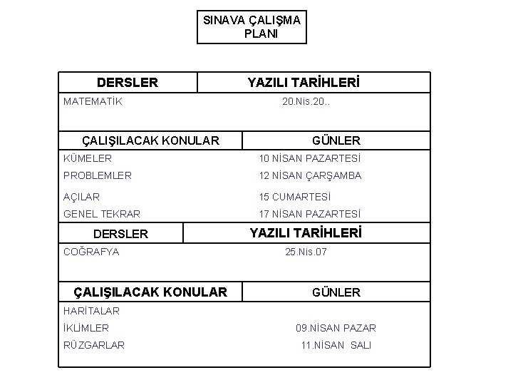 SINAVA ÇALIŞMA PLANI DERSLER YAZILI TARİHLERİ MATEMATİK 20. Nis. 20. . ÇALIŞILACAK KONULAR GÜNLER