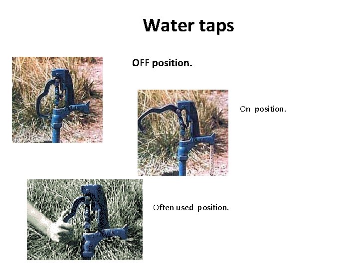 Water taps OFF position. On position. Often used position. 