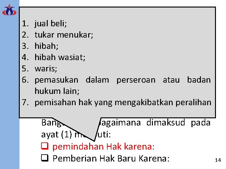 1. jual beli; Obyek Pajak BPHTB 2. tukar menukar; 3. hibah; 4. hibah wasiat;