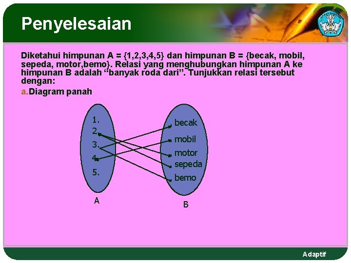 Penyelesaian Diketahui himpunan A = {1, 2, 3, 4, 5} dan himpunan B =