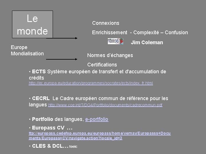 Le monde Europe Mondialisation Connexions Enrichissement - Complexité – Confusion Jim Coleman Normes d’échanges