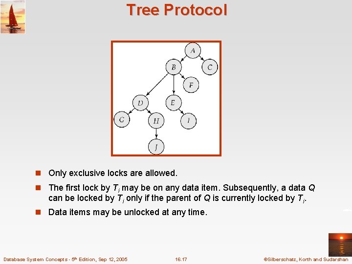 Tree Protocol n Only exclusive locks are allowed. n The first lock by Ti