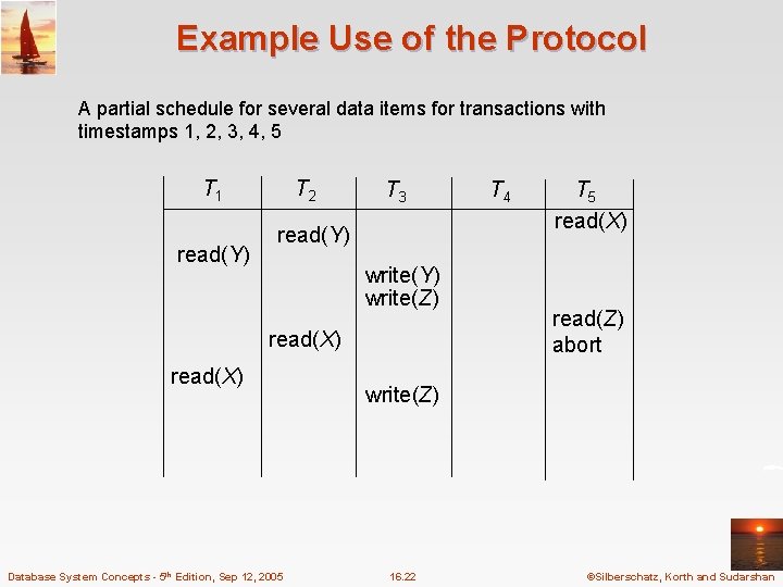 Example Use of the Protocol A partial schedule for several data items for transactions