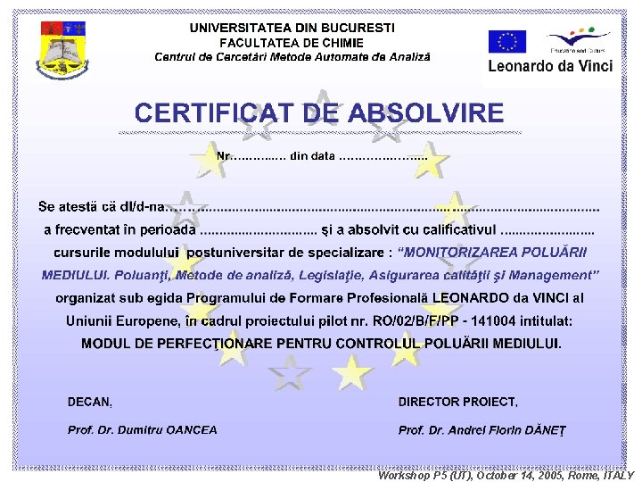 Workshop P 5 (UT), October 14, 2005, Rome, ITALY 