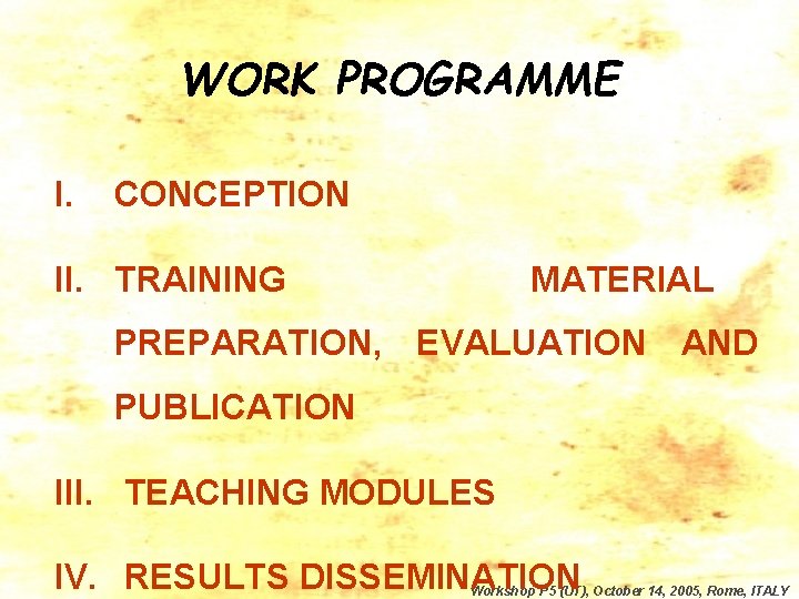 WORK PROGRAMME I. CONCEPTION II. TRAINING MATERIAL PREPARATION, EVALUATION AND PUBLICATION III. TEACHING MODULES