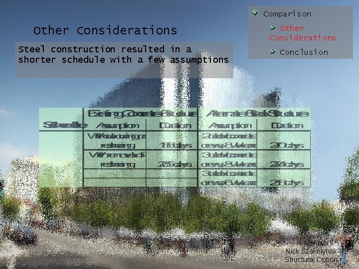 Comparison Other Considerations Steel construction resulted in a shorter schedule with a few assumptions