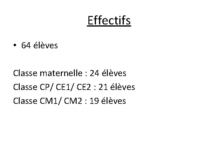 Effectifs • 64 élèves Classe maternelle : 24 élèves Classe CP/ CE 1/ CE