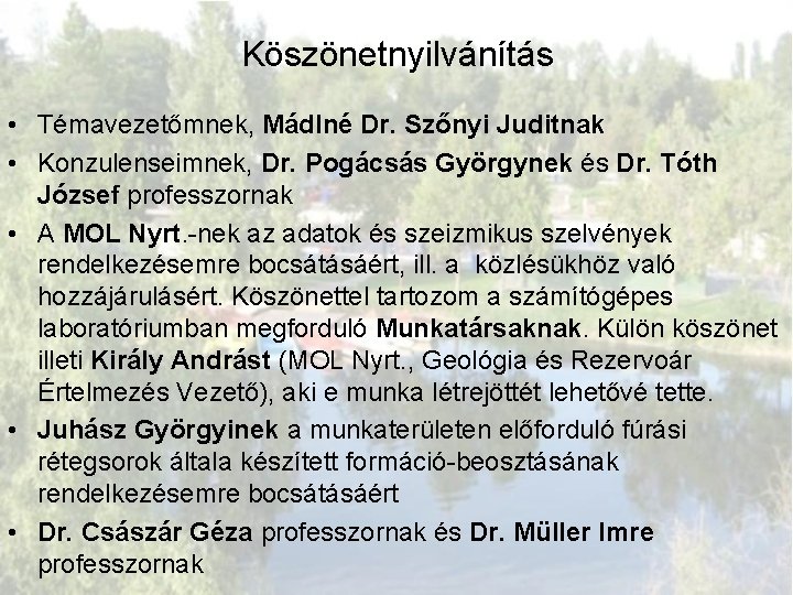 Köszönetnyilvánítás • Témavezetőmnek, Mádlné Dr. Szőnyi Juditnak • Konzulenseimnek, Dr. Pogácsás Györgynek és Dr.