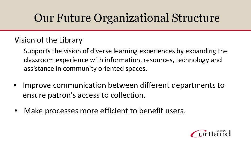  Our Future Organizational Structure Vision of the Library Supports the vision of diverse