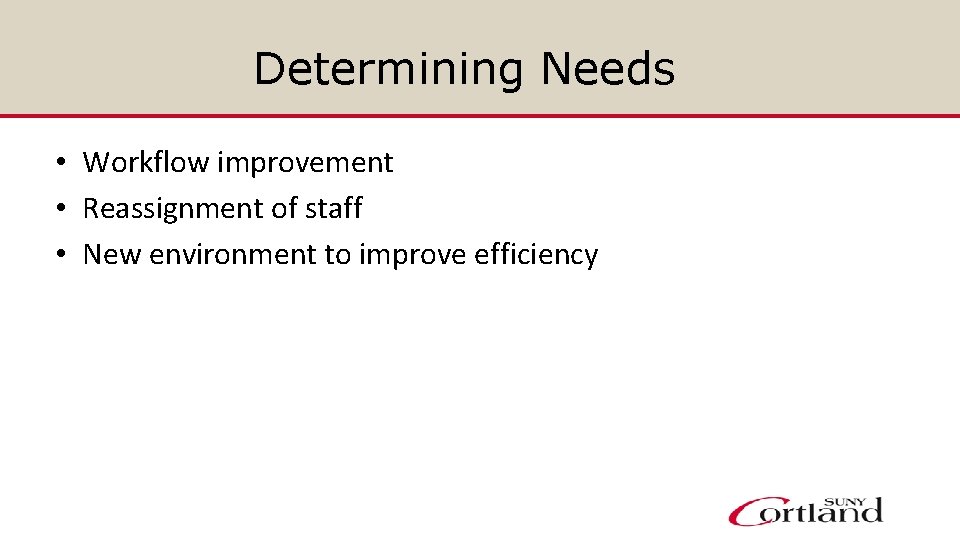 Determining Needs • Workflow improvement • Reassignment of staff • New environment to improve