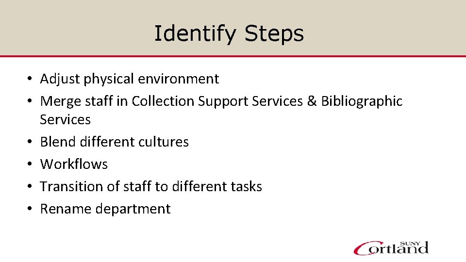 Identify Steps • Adjust physical environment • Merge staff in Collection Support Services &