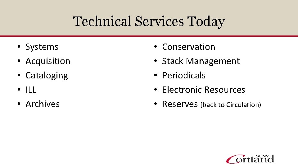 Technical Services Today • • • Systems Acquisition Cataloging ILL Archives • • •