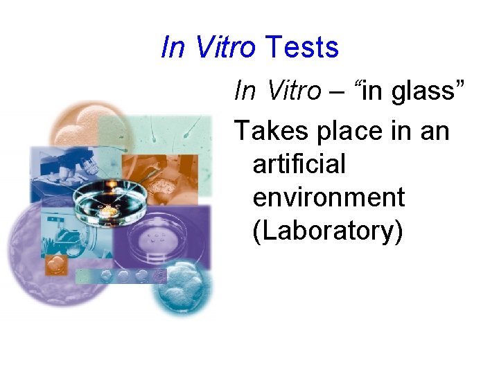 In Vitro Tests In Vitro – “in glass” Takes place in an artificial environment
