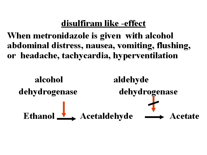 disulfiram like -effect When metronidazole is given with alcohol abdominal distress, nausea, vomiting, flushing,