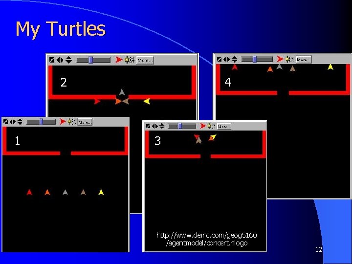 My Turtles 2 1 4 3 http: //www. deinc. com/geog 5160 /agentmodel/concert. nlogo 12