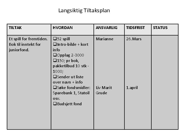 Langsiktig Tiltaksplan TILTAK HVORDAN ANSVARLIG TIDSFRIST Et spill for fremtiden. Bok til inntekt for