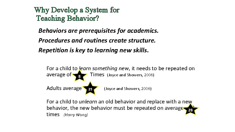 Why Develop a System for Teaching Behavior? Behaviors are prerequisites for academics. Procedures and