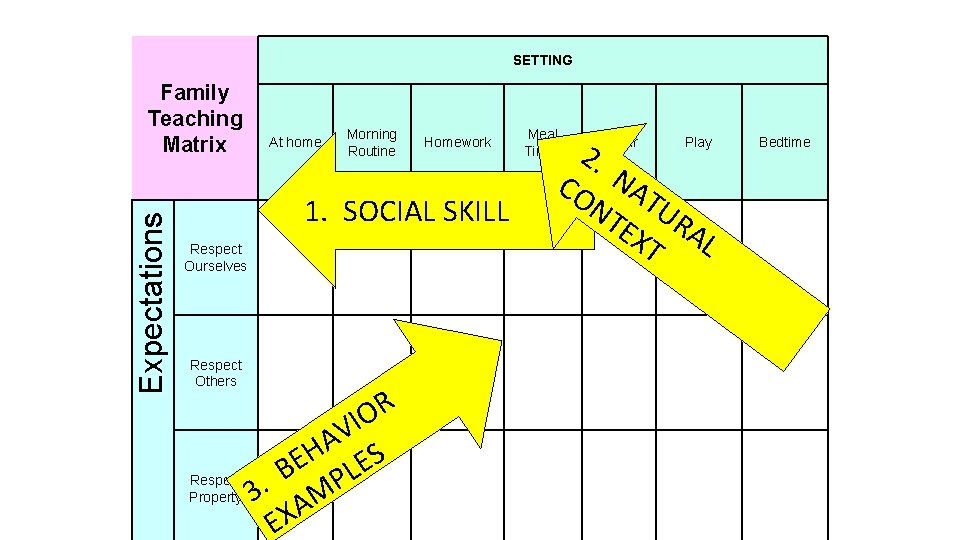 SETTING Expectations Family Teaching Matrix At home Morning Routine Homework 1. SOCIAL SKILL Respect
