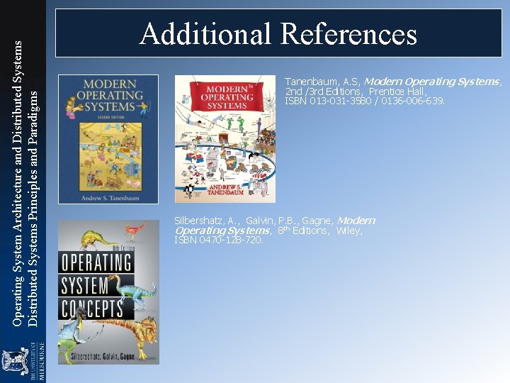 Operating System Architecture and Distributed Systems Principles and Paradigms Additional References Tanenbaum, A. S,