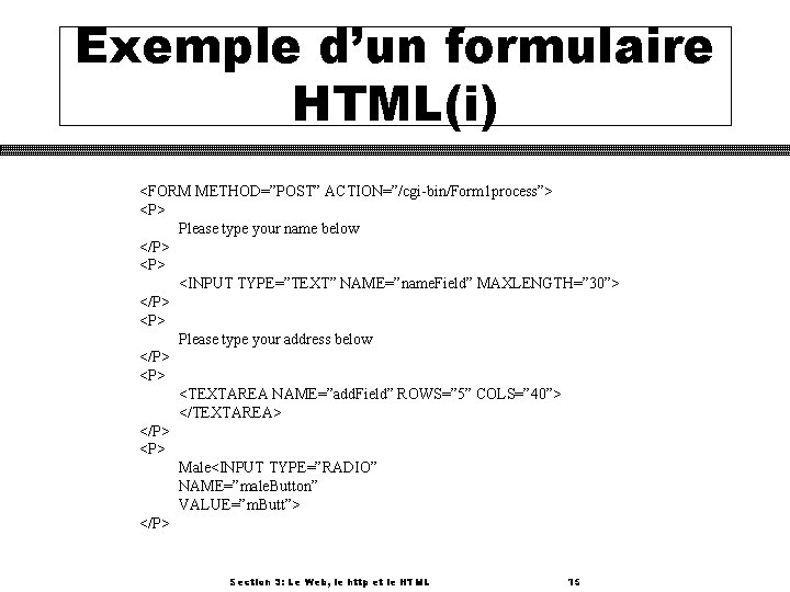 Exemple d’un formulaire HTML(i) <FORM METHOD=”POST” ACTION=”/cgi-bin/Form 1 process”> <P> Please type your name