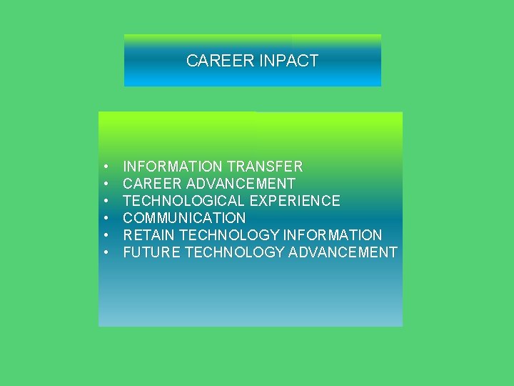 CAREER INPACT • • • INFORMATION TRANSFER CAREER ADVANCEMENT TECHNOLOGICAL EXPERIENCE COMMUNICATION RETAIN TECHNOLOGY
