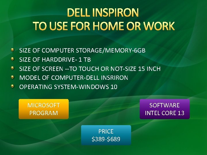 DELL INSPIRON TO USE FOR HOME OR WORK SIZE OF COMPUTER STORAGE/MEMORY-6 GB SIZE