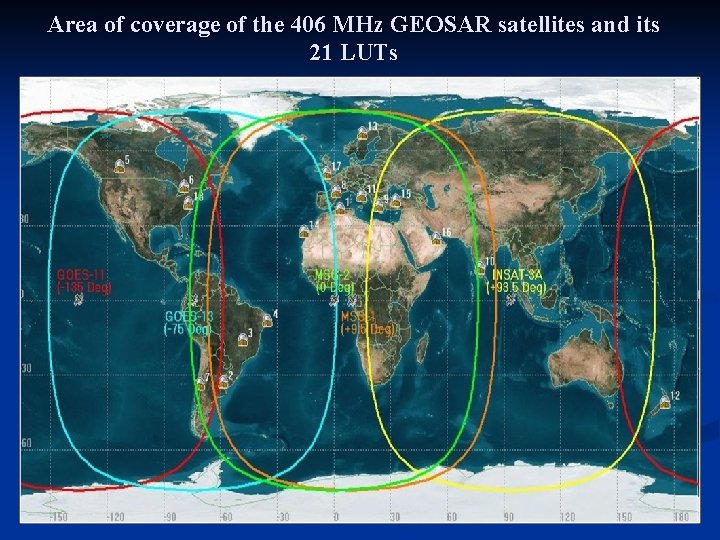 Area of coverage of the 406 MHz GEOSAR satellites and its 21 LUTs 