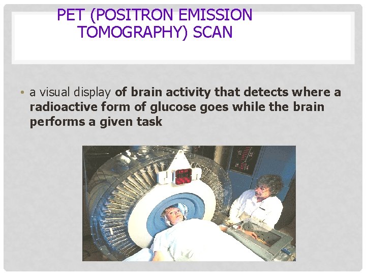 PET (POSITRON EMISSION TOMOGRAPHY) SCAN • a visual display of brain activity that detects
