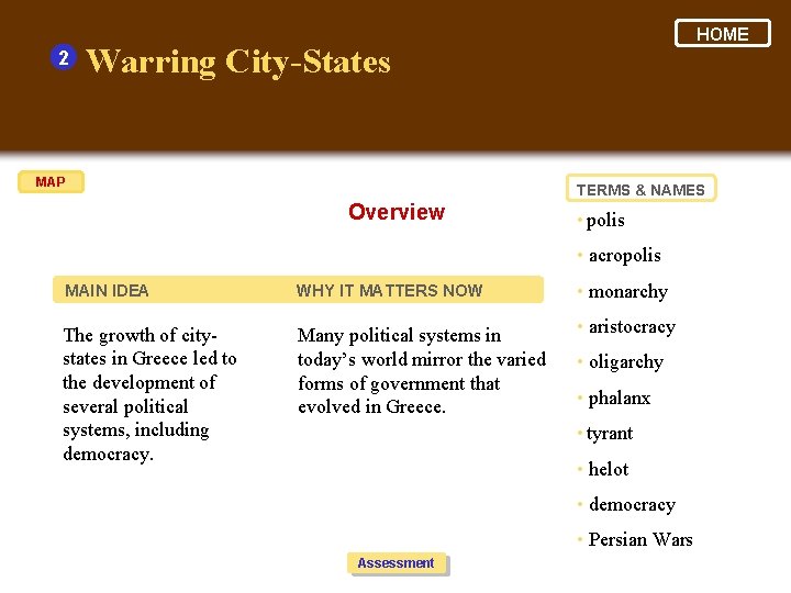 2 HOME Warring City-States MAP TERMS & NAMES Overview • polis • acropolis MAIN