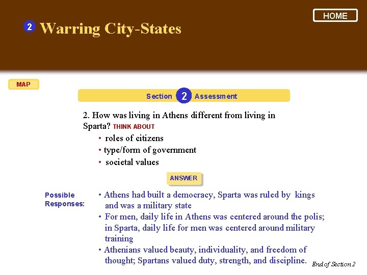 2 HOME Warring City-States MAP Section 2 Assessment 2. How was living in Athens
