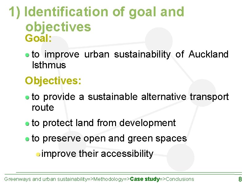 1) Identification of goal and objectives Goal: to improve urban sustainability of Auckland Isthmus
