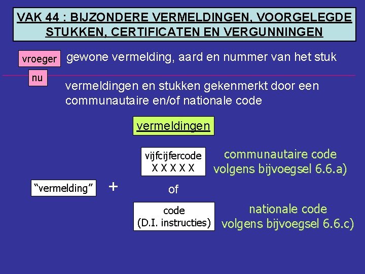 VAK 44 : BIJZONDERE VERMELDINGEN, VOORGELEGDE STUKKEN, CERTIFICATEN EN VERGUNNINGEN vroeger nu gewone vermelding,