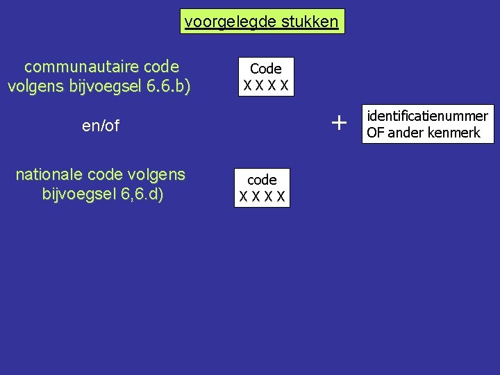 voorgelegde stukken communautaire code volgens bijvoegsel 6. 6. b) Code XXXX + en/of nationale