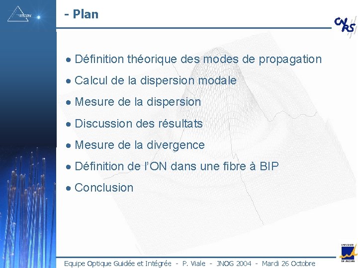 - Plan · Définition théorique des modes de propagation · Calcul de la dispersion