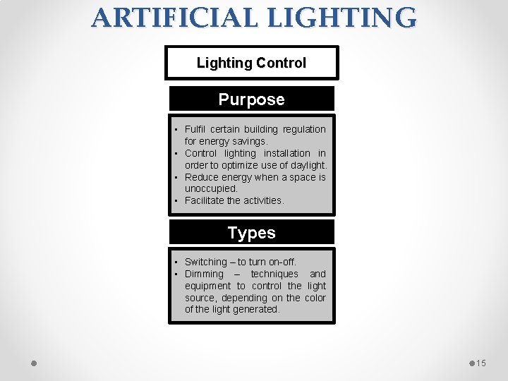 ARTIFICIAL LIGHTING Lighting Control Purpose • Fulfil certain building regulation for energy savings. •