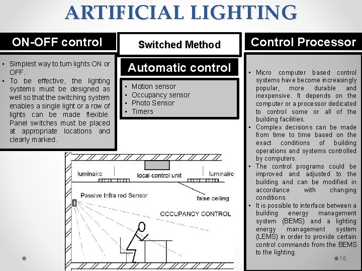 ARTIFICIAL LIGHTING ON-OFF control • Simplest way to turn lights ON or OFF. •