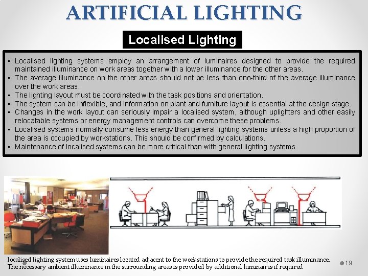 ARTIFICIAL LIGHTING Localised Lighting • Localised lighting systems employ an arrangement of luminaires designed