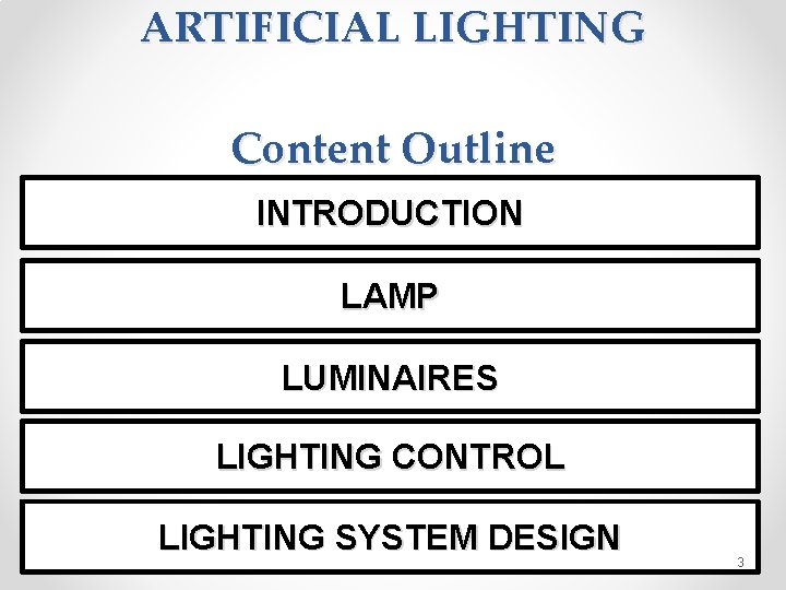 ARTIFICIAL LIGHTING Content Outline INTRODUCTION LAMP LUMINAIRES LIGHTING CONTROL LIGHTING SYSTEM DESIGN 3 