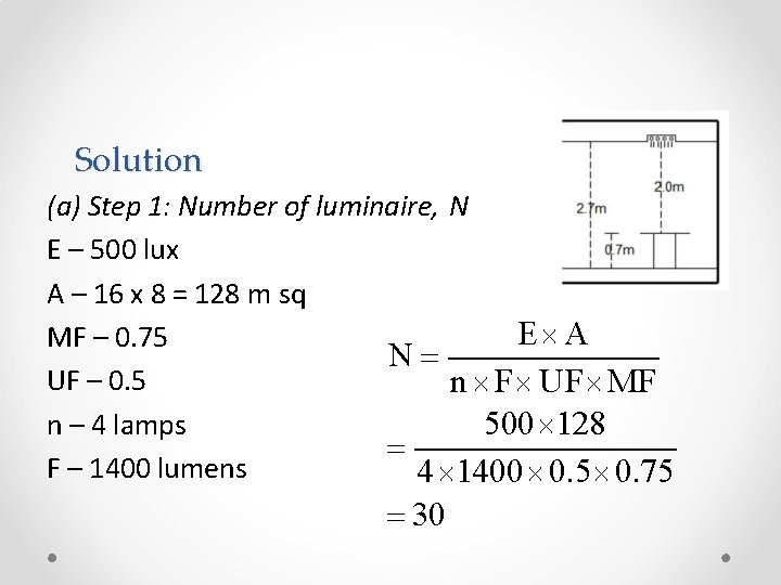 Solution (a) Step 1: Number of luminaire, N E – 500 lux A –