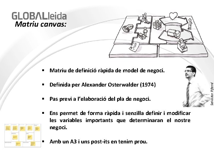 Matriu canvas: § Definida per Alexander Osterwalder (1974) § Pas previ a l’elaboració del