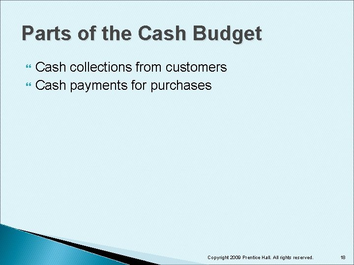 Parts of the Cash Budget Cash collections from customers Cash payments for purchases Copyright